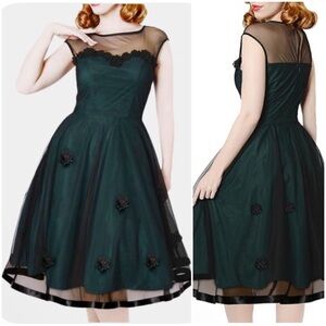 MISS MAY Women’s Size M Black & Green Retro Floral Lace Fit & Flare Midi Dress